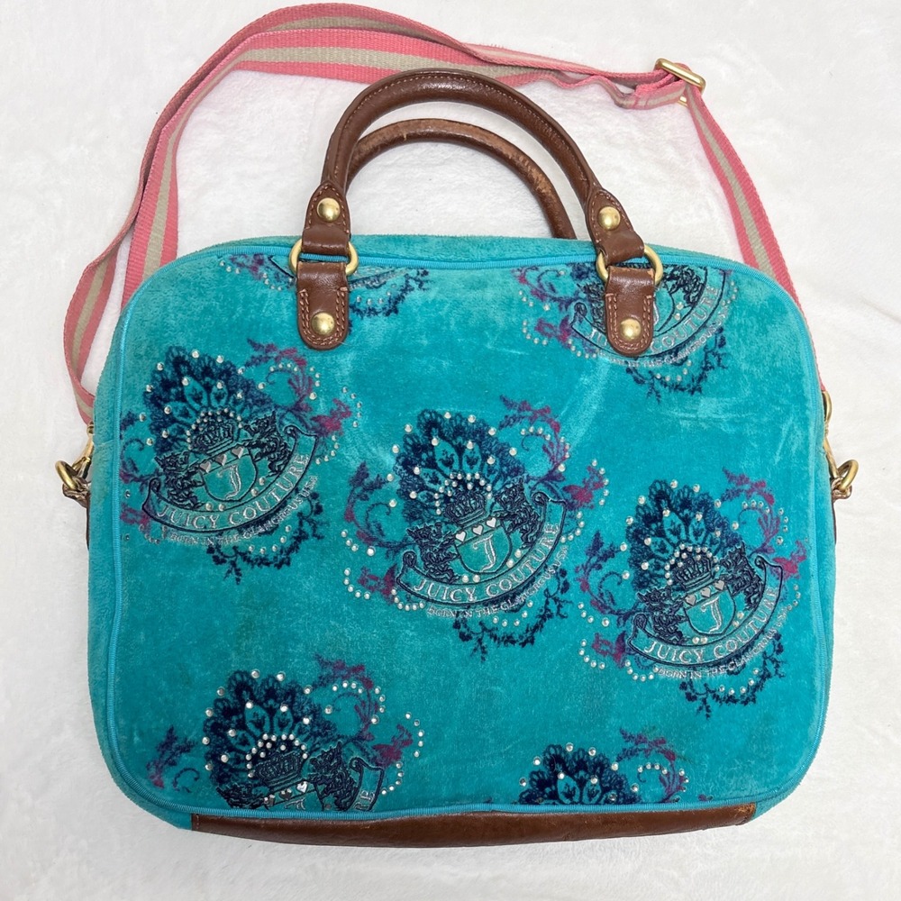 VTG Y2K Juicy Couture Velour Crest Daydreamer Bag McBling Fairy Teal Blue⁠